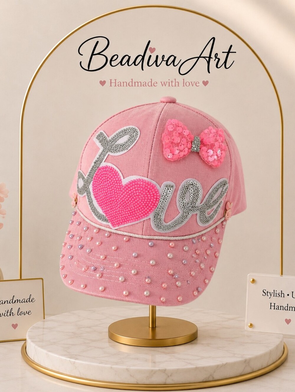 Girls' Pink Sequin & Pearl Embellished Baseball Cap